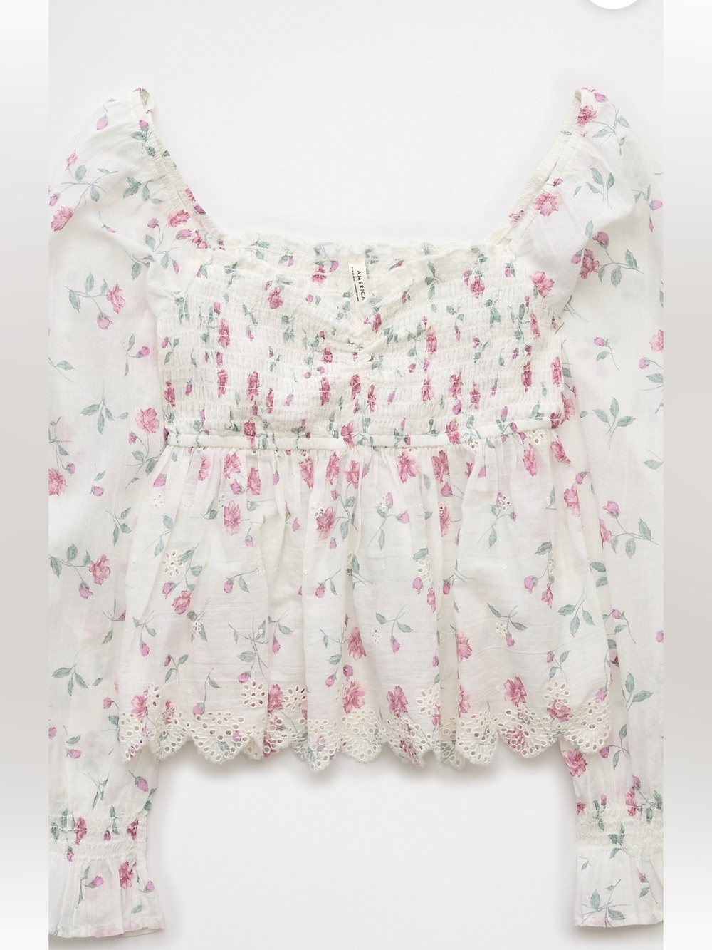 AE Long Sleeve Smocked Floral Babydoll Blouse